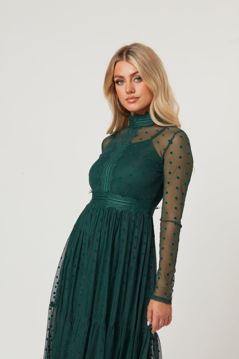 Roman Lola Polka Dot Midi Dress in Green – Lace & Beads