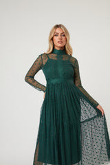 Roman Lola Polka Dot Midi Dress in Green – Lace & Beads