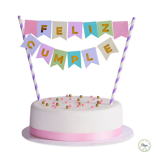 BANDERIN TORTA FELIZ CUMPLE LETRAS METALIZADAS – Filipa Cotillon Co