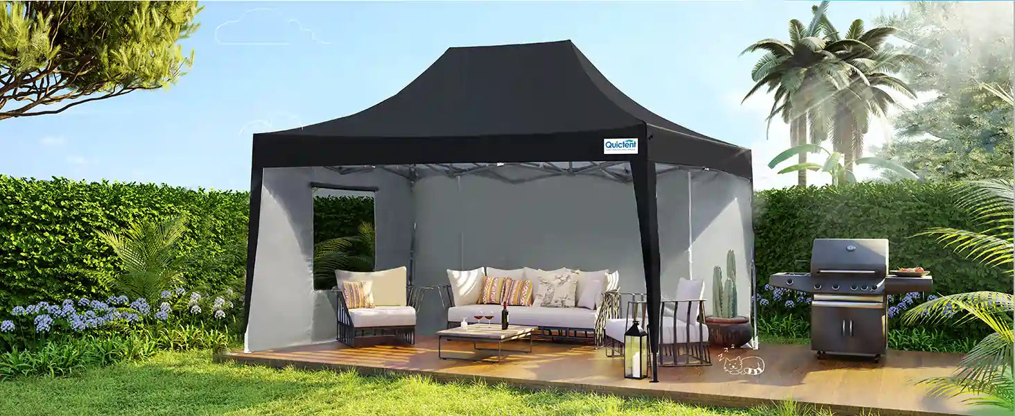 The window of the 10x10 canopy tent can be rolled up and down for ventilation or privacy.