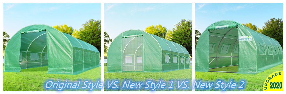 Comparison of Quictent 20' x 10' x 7' greenhouse: Basic, New Style 1, New Style 2