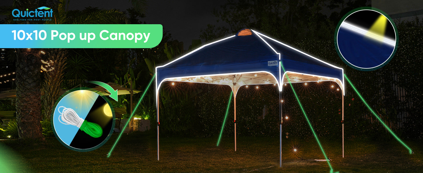 10x10 event tent with reflective top plate and fluorescent ropes