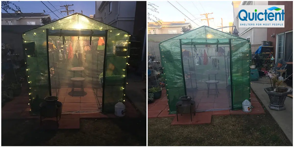 walk-in greenhouse with light strings