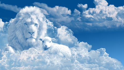 There is an image of a lion and a lamb in a cloud. You can see the face of the lion and the face of the lamb.