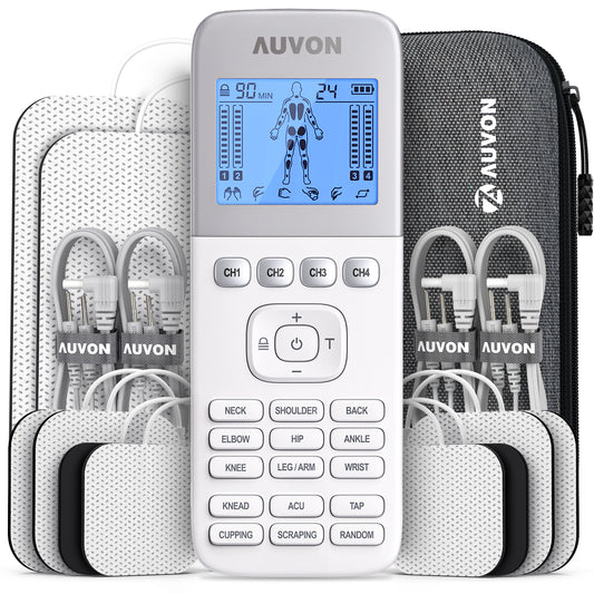 AUVON Dual Channel TENS Unit Muscle Stimulator (Family Pack), 20 Modes  Rechargeable TENS Machine Massager with Huge Pack of 24 Pcs Reusable Pads  (2x2 16pcs, 2x4 8pcs) A-silver
