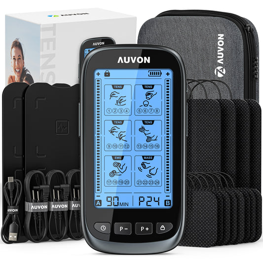 AUVON Dual Channel TENS Unit Muscle Stimulator (Family Pack), 20 Modes  Rechargeable TENS Machine Massager with Huge Pack of 24 Pcs Reusable Pads  (2x2 16pcs, 2x4 8pcs) A-silver