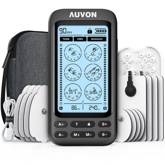 AUVON 4 Outputs H1 TENS Unit 24 Modes Muscle Stimulator for Pain Relief, Rechargeable  TENS EMS Machine with Easy-to-Select Button Design, 2X Battery Life,  Dust-Proof Bag and 8 Electrode Pads