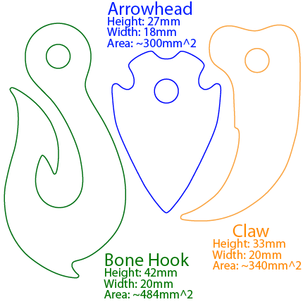 Vector outlines of ceramic pendant hook, arrowhead, and bear claw