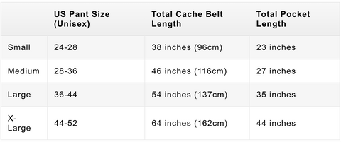 cache belt size chart