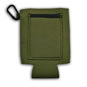 pocket on backside of cache beer coat in army green with carabiner