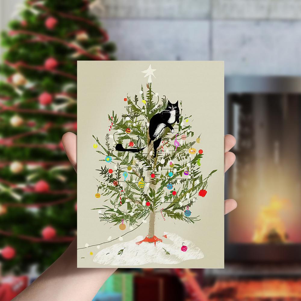 面白いクリスマスカード クリスマスツリーと可愛い猫柄カード縦版 カスタム写真靴下