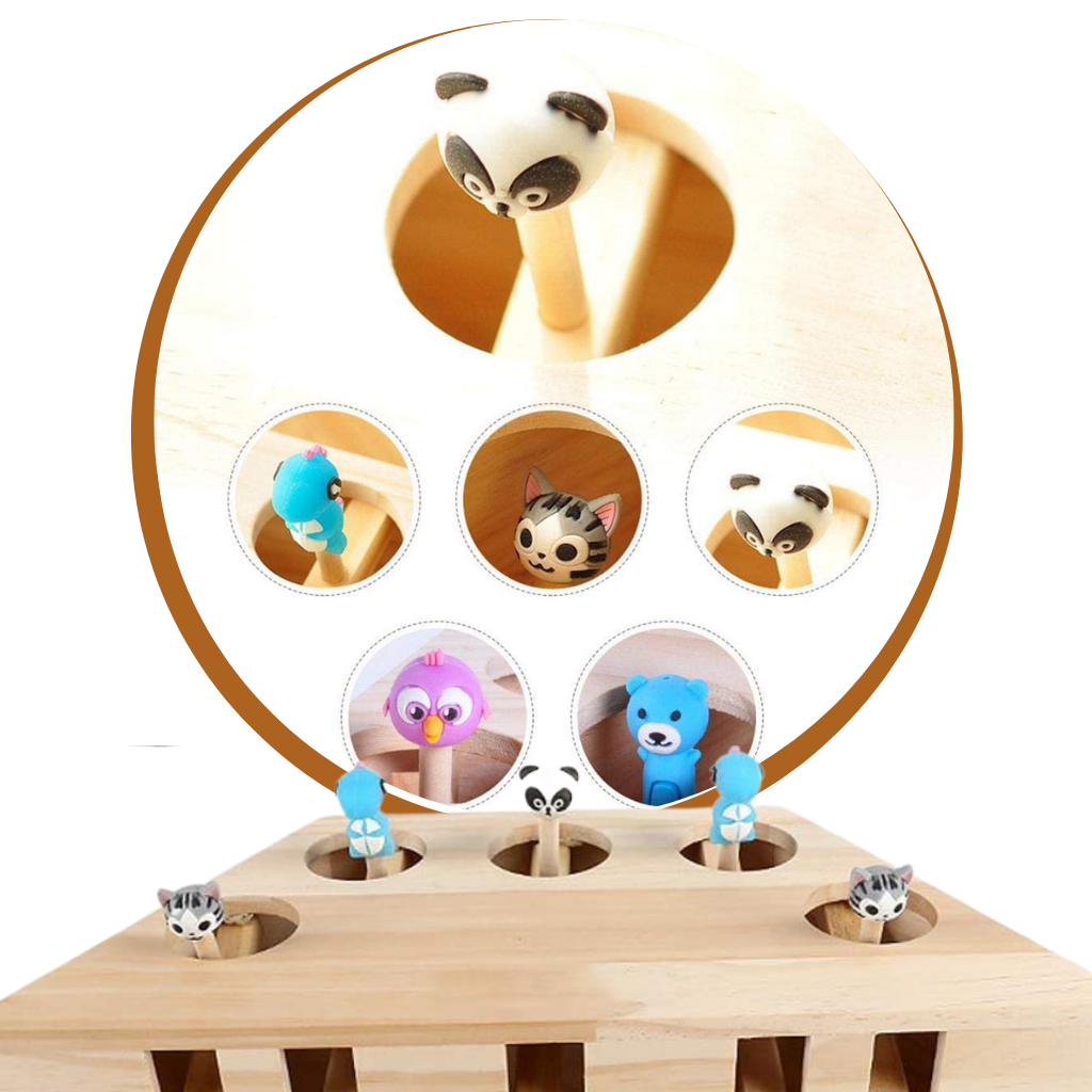 Giocattolo di legno interattivo per gatti con 5 buchi - Cartoni animati in stile Gopher - Ozerty