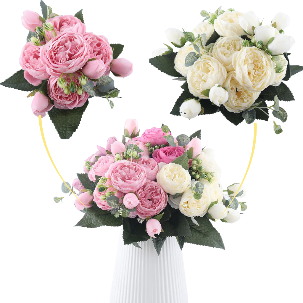 Bouquet di fiori artificiali di seta con peonie e rose - Bouquet grande - Ozerty