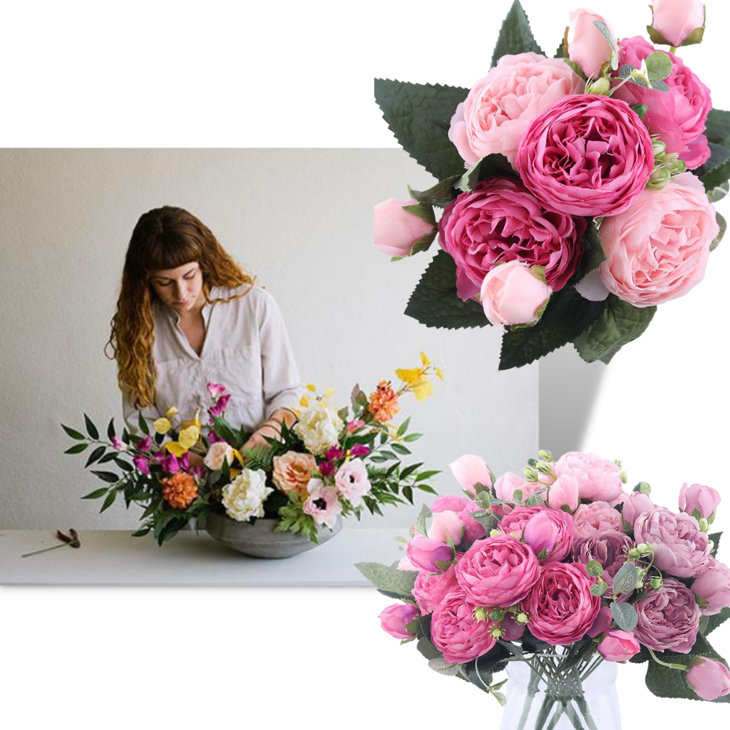 Bouquet di fiori artificiali di seta con peonie e rose - Fiori resistenti - Ozerty