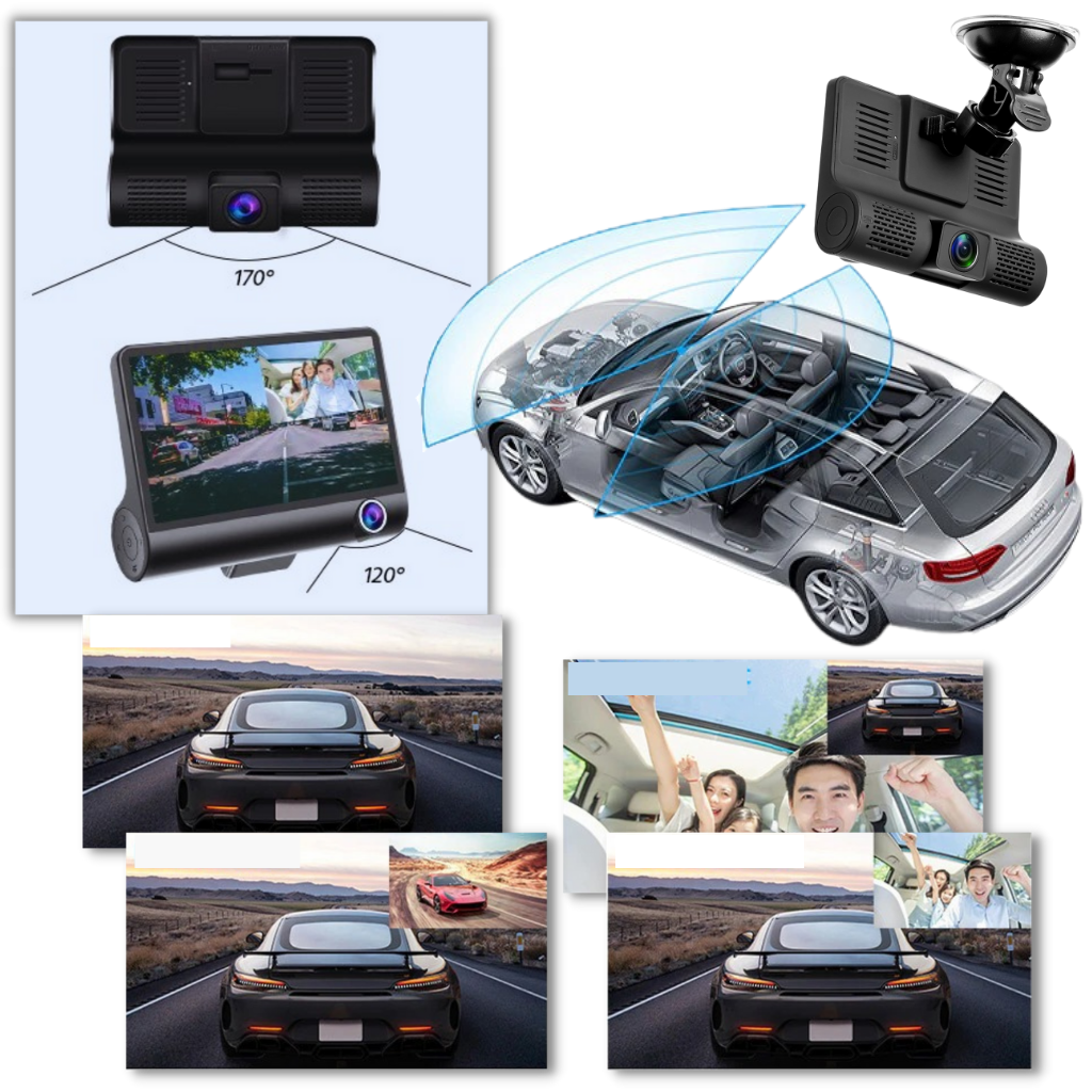 Full HD auto DVR Dash cam camera - Vista anteriore, interna e posteriore - Ozerty