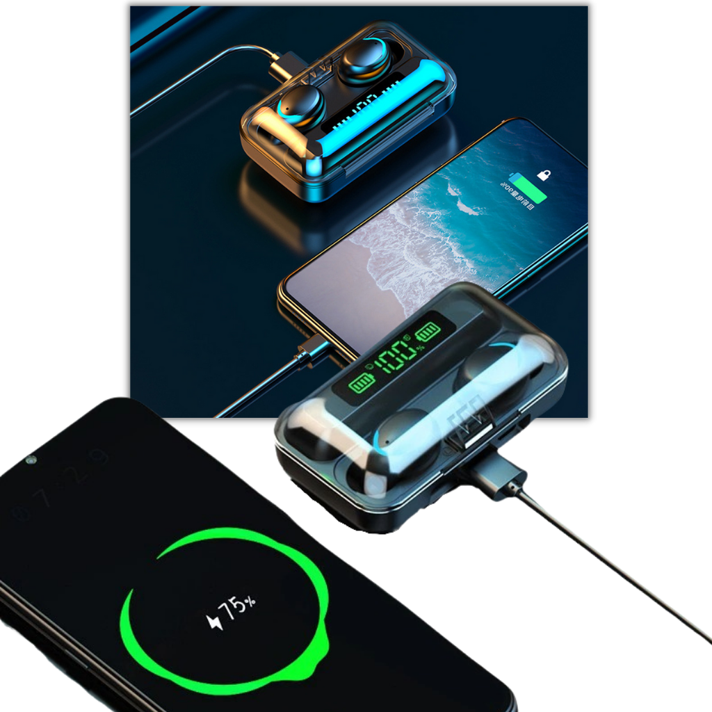 Bluetooth-hörlurar med batterilåda för laddning - Bärbar mobilladdare - Ozerty