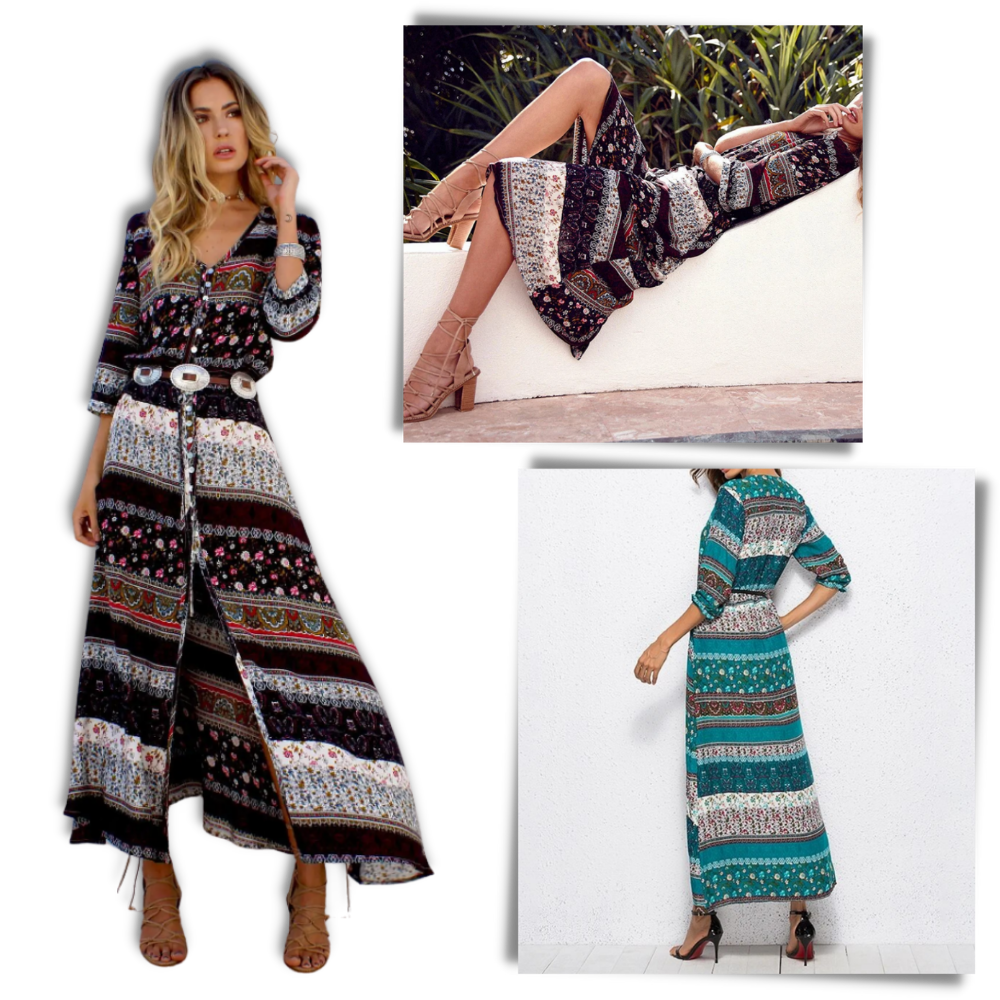 Bohemian V-Neck Maxi Dress - Boho Chic Ankle-Length Dress - Ozerty