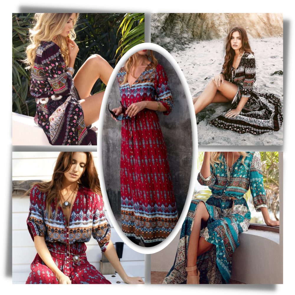 Bohemian V-Neck Maxi Dress - Ozerty