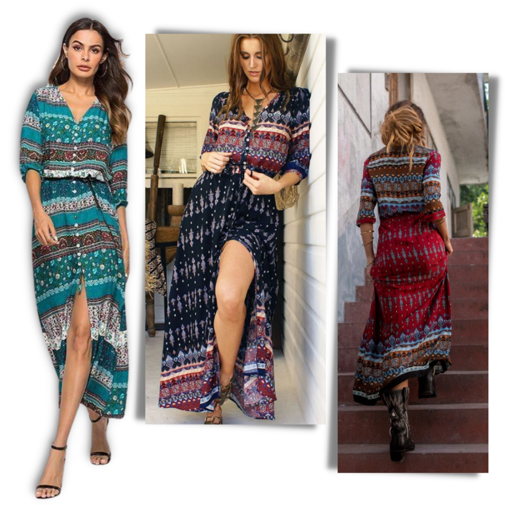 Bohemian V-Neck Maxi Dress - Ethnic Style Long Dress - Ozerty