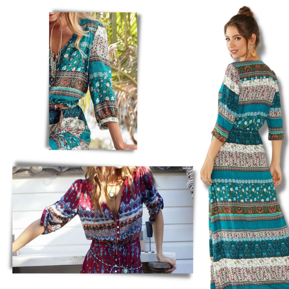 Bohemian V-Neck Maxi Dress - Three Quarter Sleeve Hippie Dress - Ozerty