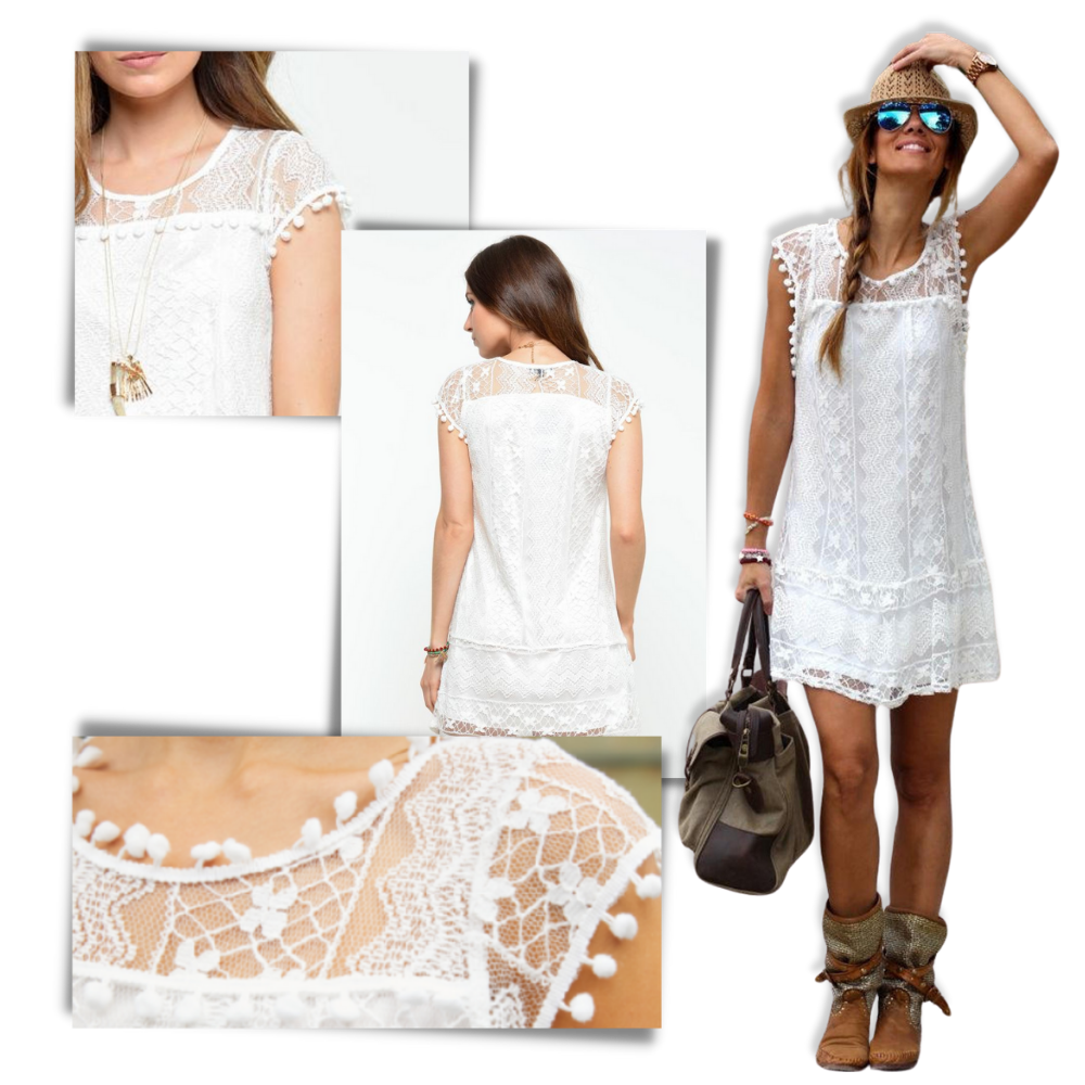 Chic Boho Lace Dress - Whimsical Hairball Accents - Ozerty