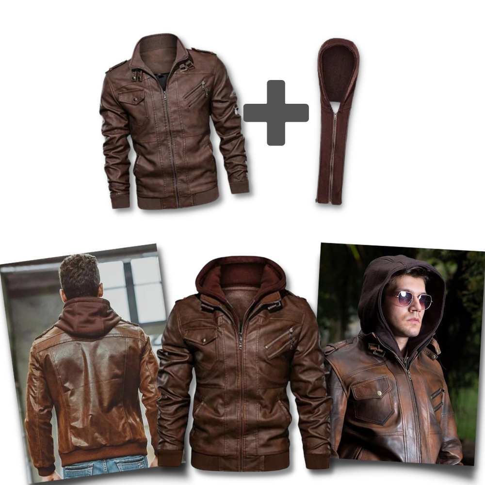 Veste de motard marron en cuir - Modèle pratique à capuche - Ozerty