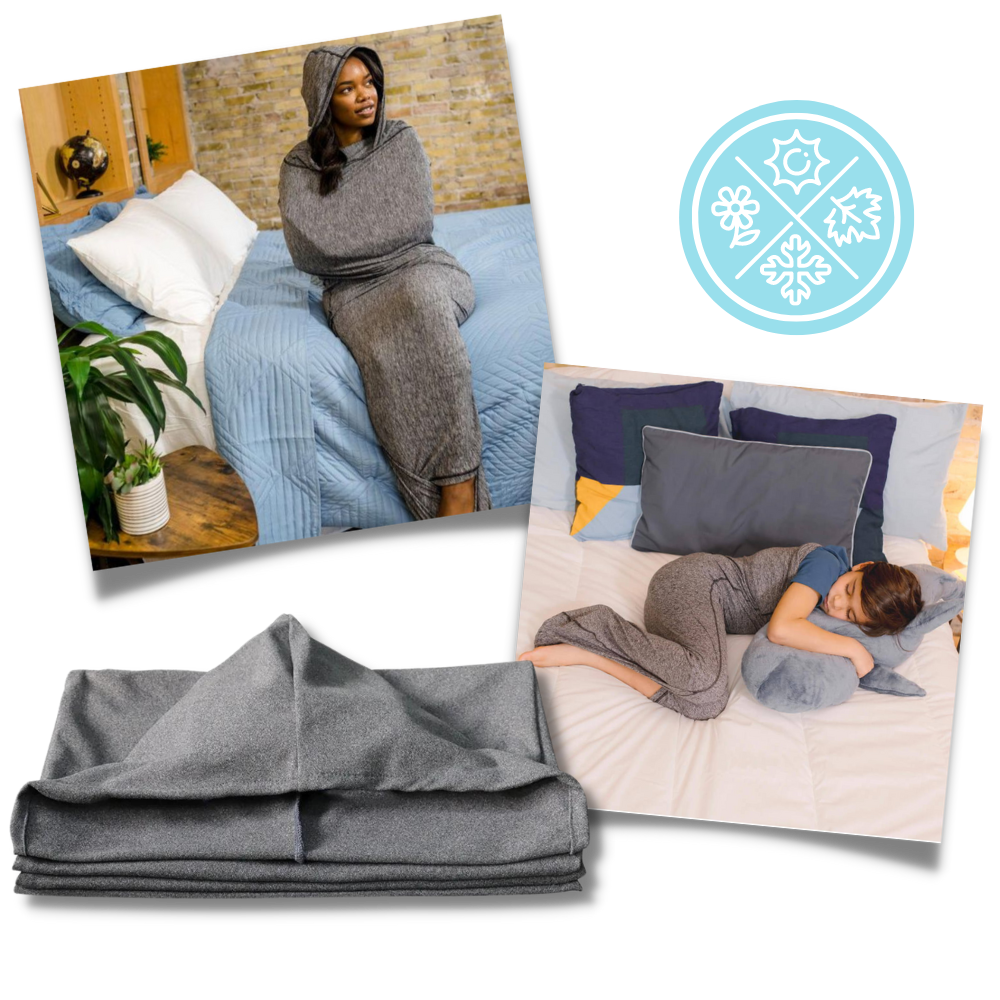 Sovesvøb med hætte som et tæppe der kan haves på
 - Komfort på alle årstider
 - Ozerty