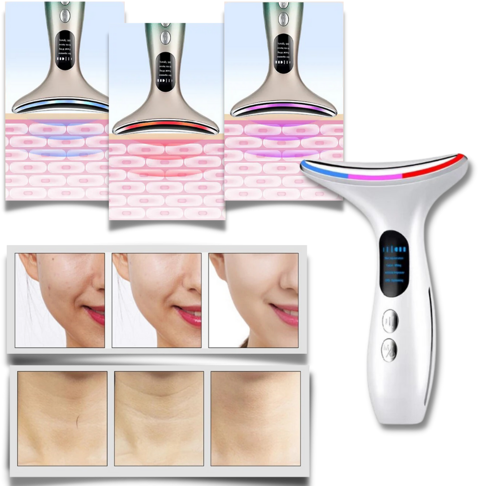 Skönhetsapparat för hals och ansikte - 3-färgad LED-foton terapi - Ozerty