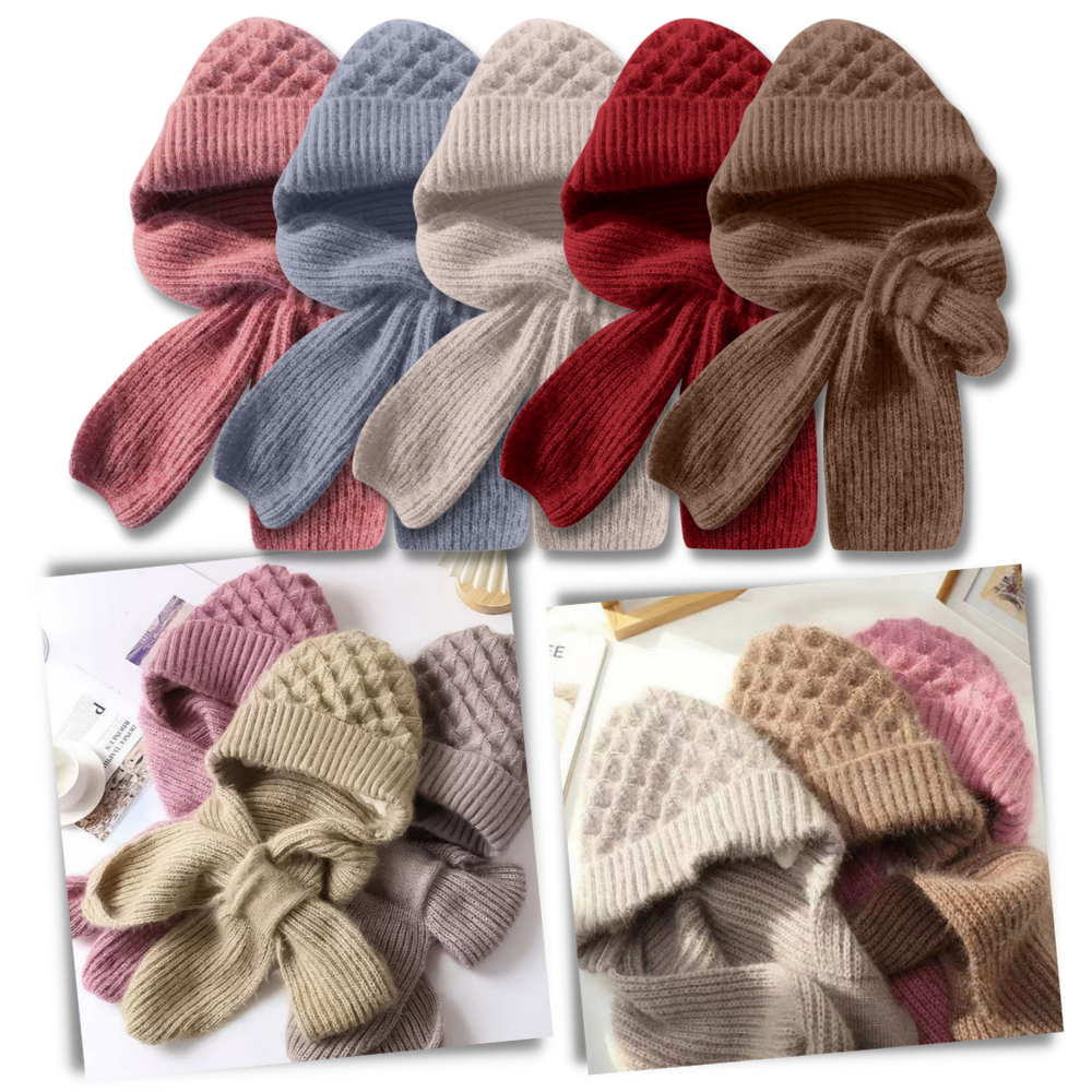 Windproof Knitted Hooded Hat with integrated Scarf and Ear Protection - Elegant Colours - Ozerty