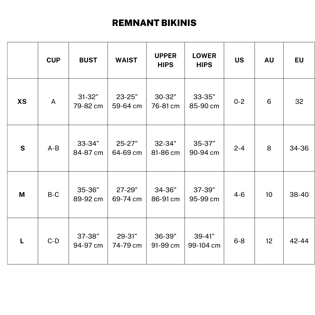 Remnant Bikinis Sizing Chart