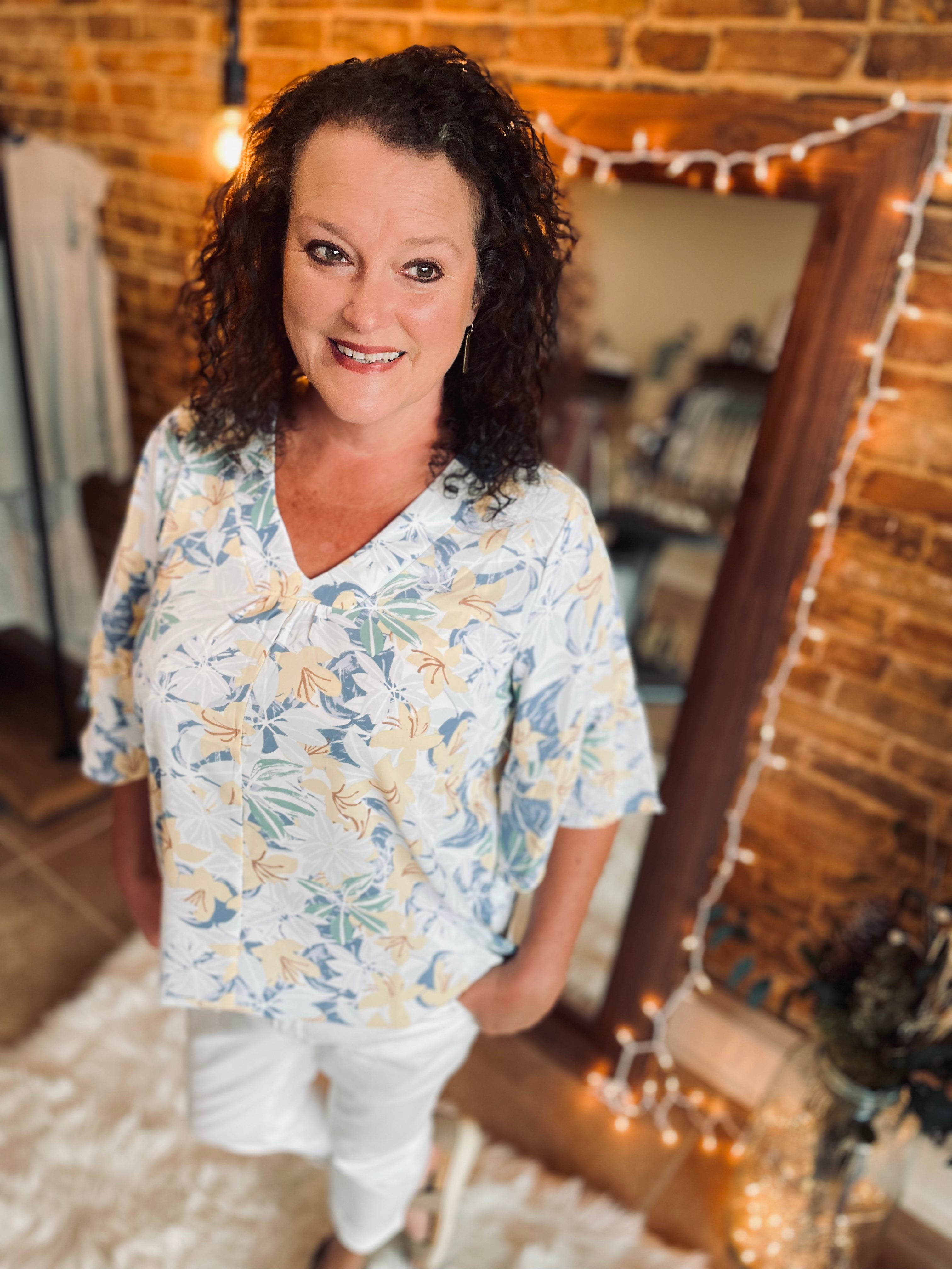 Seaside View Honey Mustard Print Top