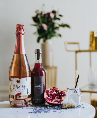 Chill Out Cocktail ingredients including Wild Life Botanicals Blush non-alcoholic sparkling wine 