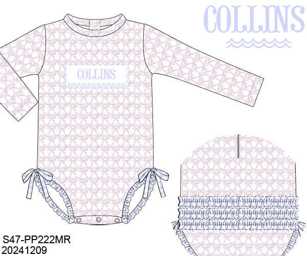 WS PO74: Girls Patriotic Stripes Name Smocked Rashguard Longsleeve Swim