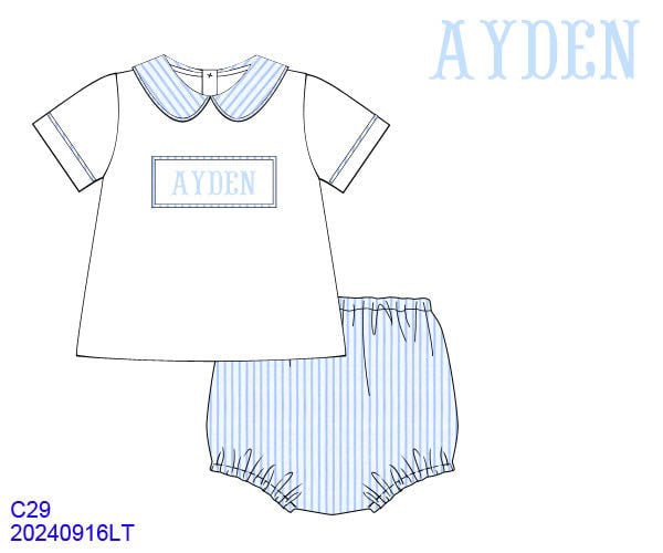 WS PO72: Boys Seersucker Name Smocked Diaper Set