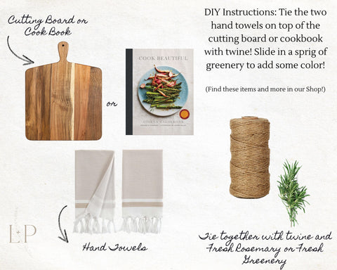 Our gift suggestions with a cutting board, cookbook, hand towels and twine