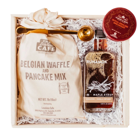 gift box with pancake mix, gold coffee spoon, maple syrup and english breakfast tea