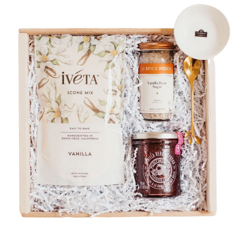 wooden gift box with vanilla scones, vanilla bean sugar, berry jam, gold leaf teaspoon and white bowl