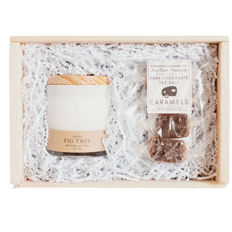 small wooden gift box with candle and sea salt caramels