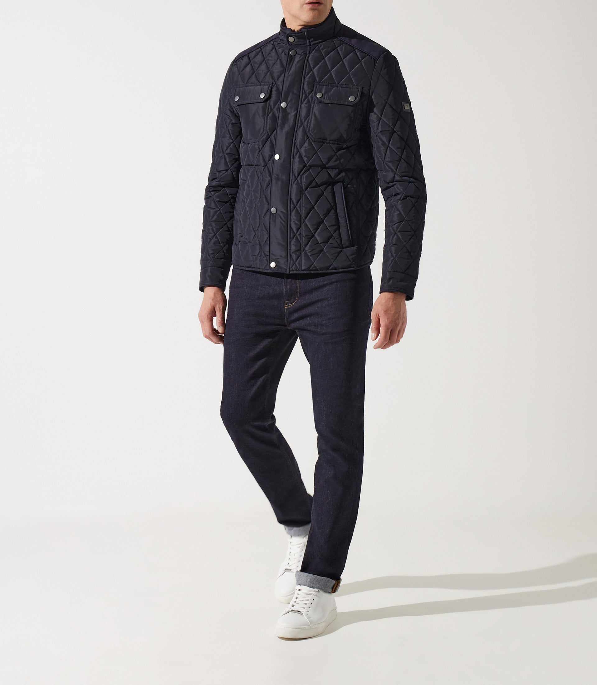 MACEO navy quilted stand-up collar overshirt jacket