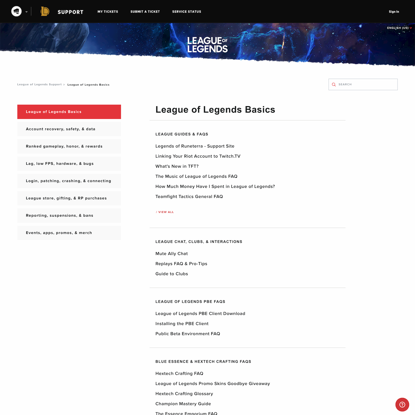 League of Legends Support > My activities My Tickets SEARCH