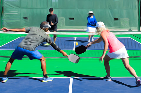 4 adults play pickleball on a court