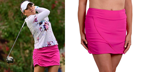 Jasmine Suwannapura Swings Golf Club in Pink and Floral SwingDish branded outfit with pink skort product image in side window