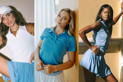 Collage of women wearing white and blue vintage-inspired tennis and golf outfits by SwingDish