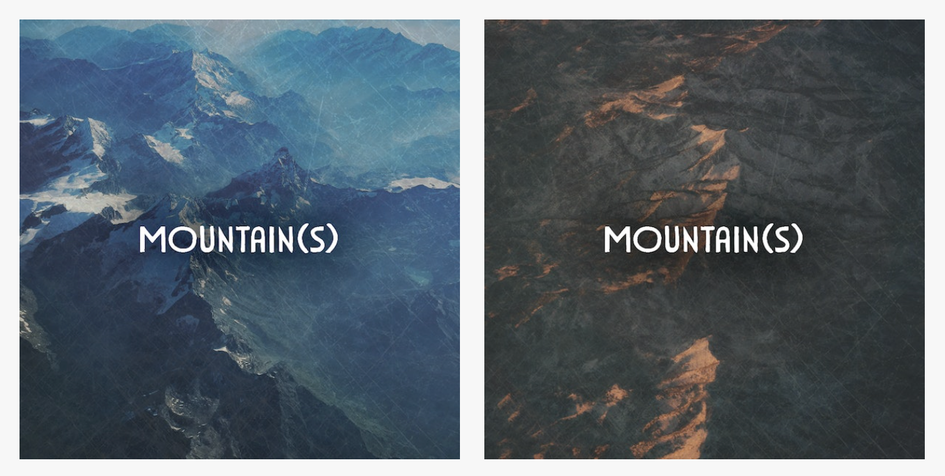 Two different "Mountain(s)" cards from Deck of Worlds. Desert mountains conjure different imagery than snow-capped ones.