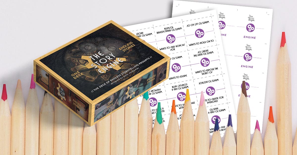 Image of The Story Engine Deck in front of a row of colored pencils and a copy of the printable PDF deck for educators.