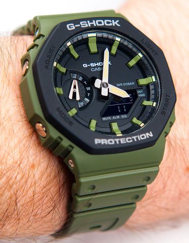 Casio G-Shock GA2110SU-3A GA2100 GA2110 Green wearing on wrist bezel