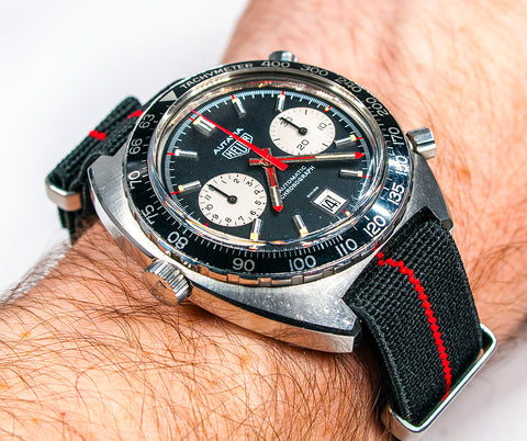 Heuer Autavia Viceroy 1163V Review Cal 12 Calibre 11 Chronomatic on wrist elastic nato strap red and black stripe