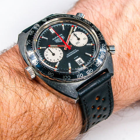 Heuer Autavia Viceroy 1163V Review Cal 12 Calibre 11 Chronomatic on wrist rally strap