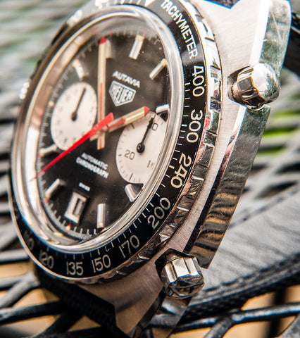 Heuer Autavia Viceroy 1163V Review Cal 12 Calibre 11 Chronomatic crystal crown pushers side view