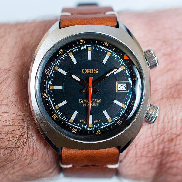 Oris Chronoris Movember Edition Watch Review - (01 733 7737 4034) Case Dial wrist shot wearing on